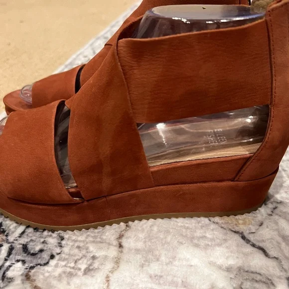 Eileen Fisher Brown Crisscross Nubuck Leather  Wedge Sandals - Picture 4 of 16